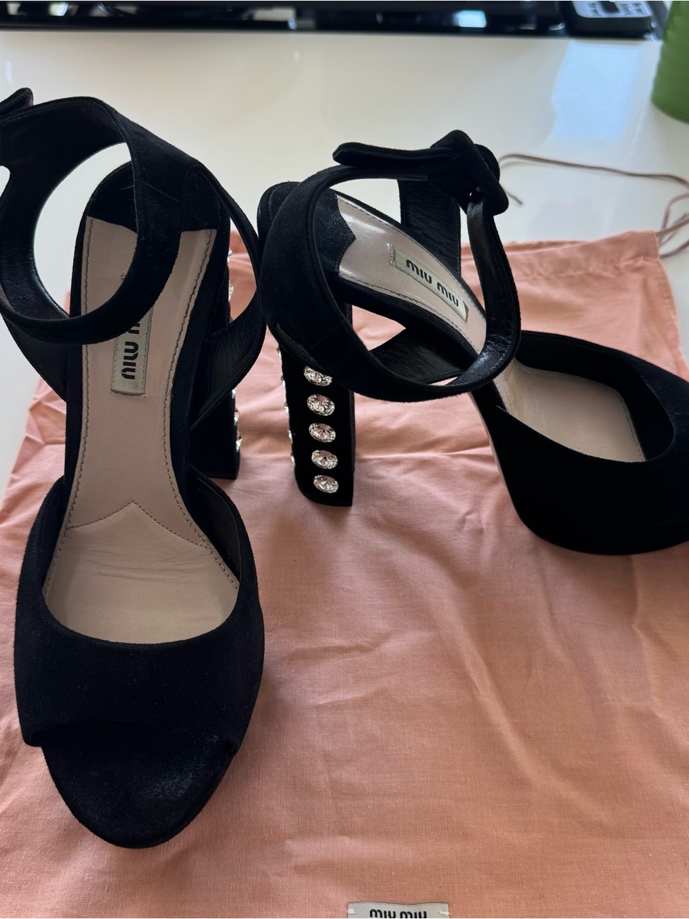 Miu Miu Black Suede Platform Ankle-Strap Heels with Crystal-Studded Block Heel